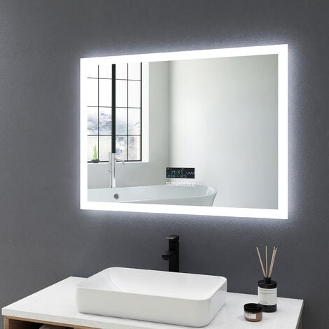 Meykoers Badspiegel mit Beleuchtung 80x60cm Badezimmerspiegel, Badspiegel  mit Beschlagfrei, Bluetooth, Uhr, Dimmbar, Touch-Schalterd Wandspiegel  energiesparender IP44