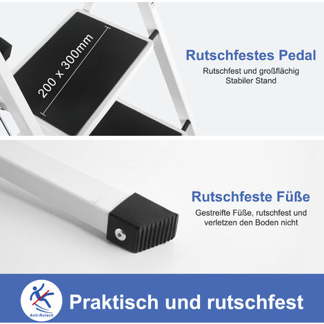 3-stufige Stahlleiter Klapptritt - Rutschfest Bis 150kg - Mit Sicherheitshandlauf 130cm