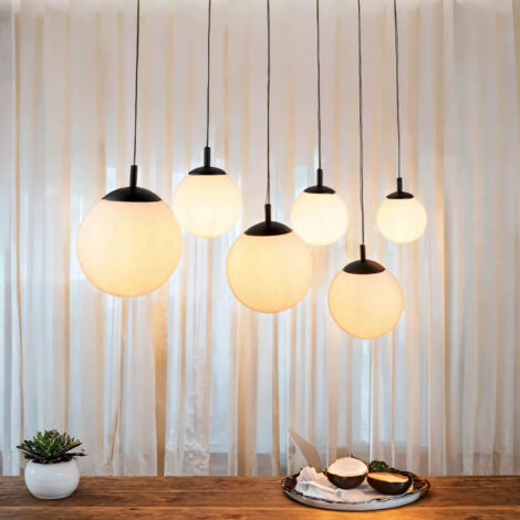 Suspension verre métal E27 H : max. 150 cm noir blanc abat-jour sphérique moderne (1/5)