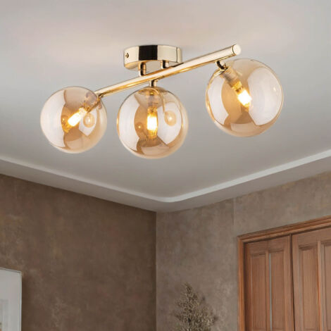 Plafonnier métal verre fumé doré ambre G9 3 lampes allongé moderne