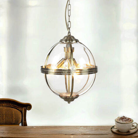 Suspension verre métal E14 D : 32 cm ronde H : max 120 cm en laiton antique 3 lampes Art Nouveau (1/5)