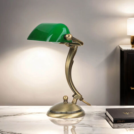 Lampe de bureau en laiton massif de couleur bronze clair en style Art Nouveau avec abat-jour vert H:29 cm - Bronze clair brillant, Vert (1/5)