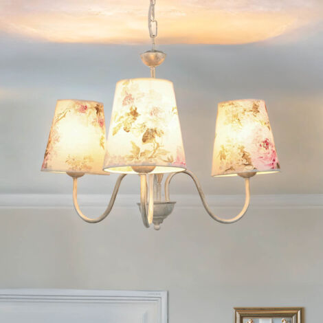 Lampe tissu 3-flmg table à manger campagnarde fleurie (1/5)