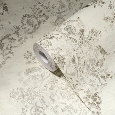 Papier peint floral intissé crème et gris Tapisserie graphique à ornements Papier peint vintage style baroque idéal salon