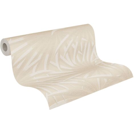 Papier peint intissé feuillage beige et blanc Tapisserie à motifs feuilles de palmier Papier peint style tropical idéal salon et chambre
