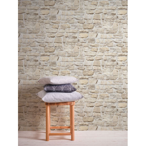 A.S. Creations – Papier peint vinyle beige trompe l'oeil – Motif pierre – Lessivable et brossable – Raccord sauté – 230g/m² (1/8)