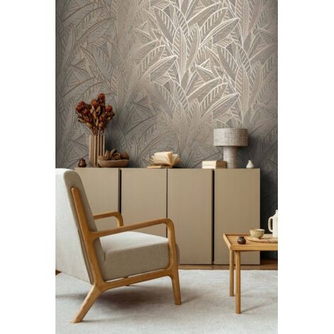 Papier peint feuille abstraite 53cm x 10,05m – Lessivable, strippable – Motif art déco, couleurs beige et doré – 399332