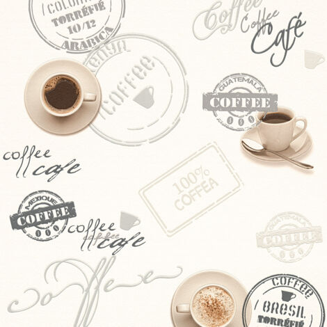 A.S. Creations – Papier peint à motif café moderne – Beige, crème et gris – Tapisserie pour cuisine, salon et salle à manger – Style naturel (1/7)