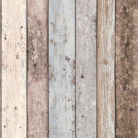 Papier peint imitation bois flotté – Tapisserie vinyle lessivable – Effet bois vieilles planches marron bleu – 53cm x 10,05m