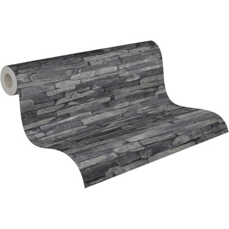 Homemaison – Papier peint imitation pierre style industriel – Tapisserie noir anthracite effet fausse brique – Papier peint gris pour salon moderne