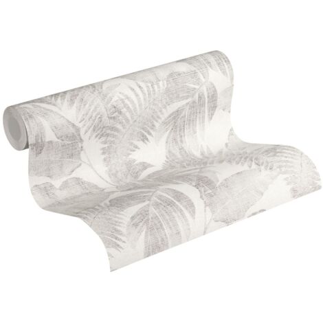 Papier peint à motif palmiers blanc gris – Non-tissé moderne – Design feuilles de palmiers – Pour salon, chambre, cuisine – Livingwalls