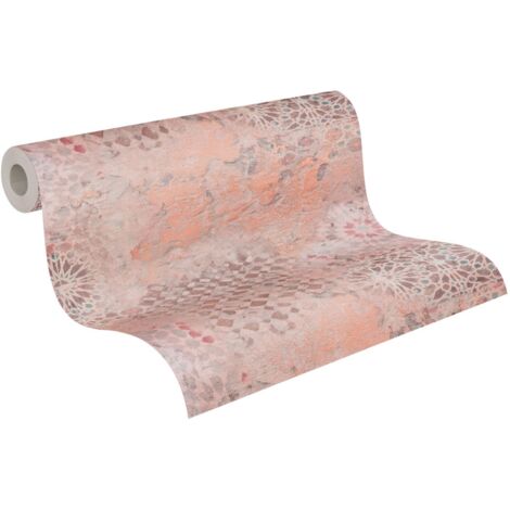 Papier peint effet carreaux espagnol Papier peint non-tissé oriental avec design mosaïque en rose et orange (1/5)