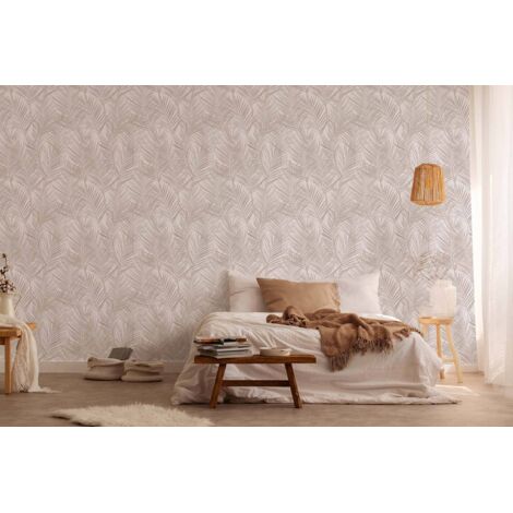 Papier peint feuillage crème sur fond blanc Tapisserie végétale à feuilles de palmier Papier peint style exotique idéal salon