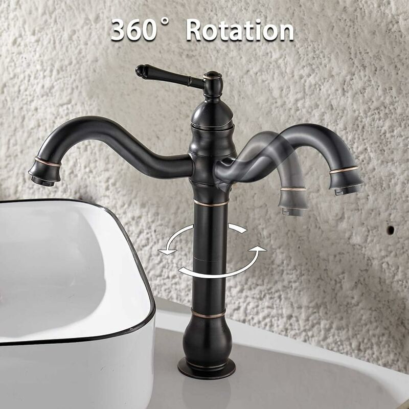 COZEVDNT Hoher Badezimmer-Wasserhahn kann um 360° gedreht werden, Waschbecken-Mischbatterie, Retro-klassischer Badezimmer-Wasserhahn, Messing-Waschtischarmatur, schwarz