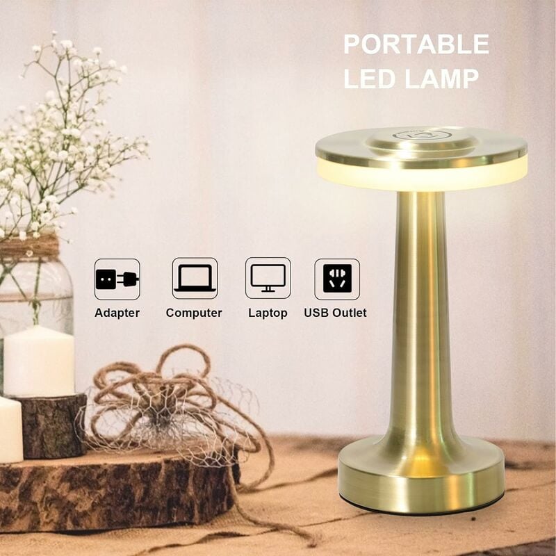 COZEVDNT Dimmbare Schlafzimmer-Touch-Tischlampe, 3000 mAh LED-Akku, kabellos,  3 Farben, Nachttischlampe, für Schlafzimmer, Bar, Restaurant, Café,  Dekoration (Gold)