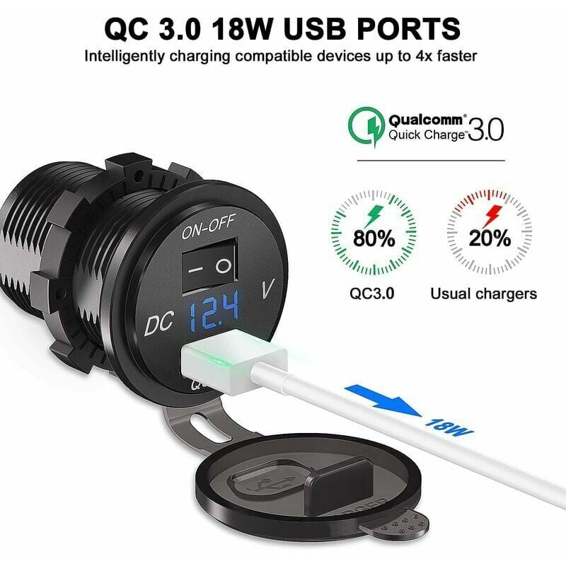 QC 3.0 Auto-USB-Steckdose 12 V/24 V, Quick Charge 3.0 Auto-Ladegerät,  integrierte Steckdose, wasserdichter Zigarettenanzünder-Adapter mit  Schalter, LED-Voltmeter, Spannungsanzeige für Motorrad, Boot