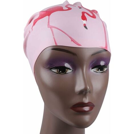 COZEVDNT Praktische wasserdichte Silikon-Badekappe für Schwimmbad, langes  Haar, Ohrenschutz für Mädchen und Frauen (Flamingo-Muster)