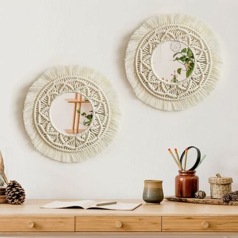 COZEVDNT Set mit 2 handgefertigten Makramee-Wandspiegeln zum Aufhängen,  Wanddekor-Spiegel mit runden Fransen für Wohnung