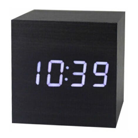 LED-Holzuhr, kreative elektronische Uhr, quadratische Digitaluhr, Mini-Kleinwecker,  Thermometer, Nachttischuhr (schwarzes Holz und weiße Zeichen)