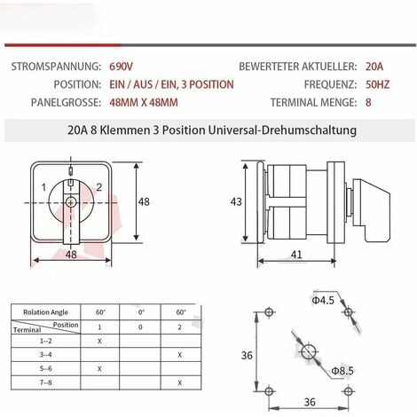 Commutateur de changement de came rotatif universel 20 A 3 positions 8 bornes 690 V