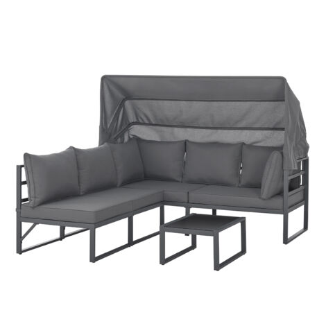 Svita – Salon de jardin avec toit – Îlot de soleil gris en acier – Coussins en polyester filé – Dimensions 200x136x159 cm