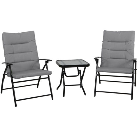 Svita – Ensemble table et chaises de jardin 3 pièces – Chaises pliantes et table pliante en métal gris foncé – Coussins confort polyester