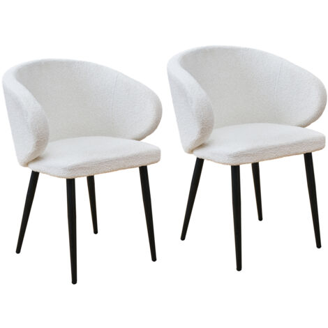 Svita – Lot de 2 chaises de salle à manger avec accoudoirs – Teddybouclé blanc – Dossier incurvé – Hauteur d'assise 50 cm – Pieds en métal (1/5)