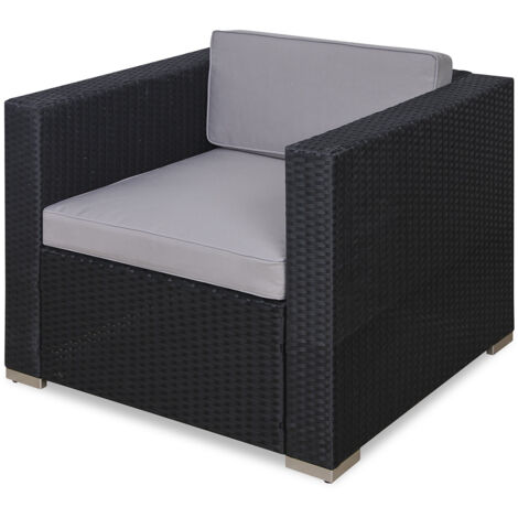 Svita – Fauteuil de jardin en polyrotin noir – Dossier extra haut 64 cm – Coussin amovible gris – Résistant aux intempéries et UV (1/4)