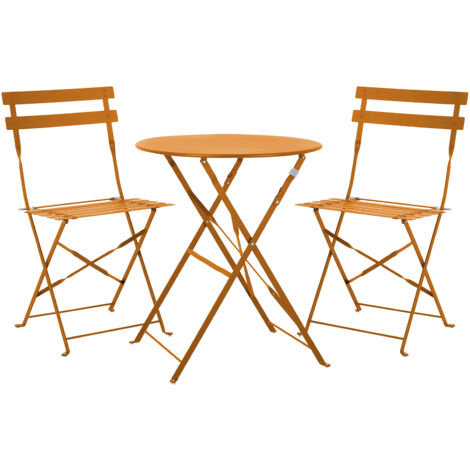 Svita – Ensemble table et chaise de jardin pliants en métal orange – Table ronde Ø 60 cm – 2 chaises avec assise 38 x 36 cm – Résistant aux intempéries