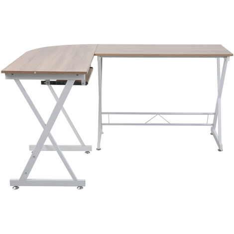 Svita – Bureau d'angle 150 x 120/50 x 75 cm – Plateau en chêne avec pieds en métal blanc – Support ordinateur inclus – Montage facile (1/5)
