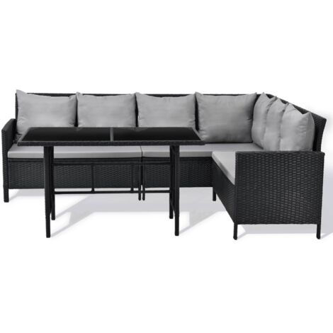 Svita – Salon de jardin d'angle en rotin noir avec table en verre – Canapé 233x167x80cm – Coussins amovibles et lavables – Résistant aux intempéries (1/5)