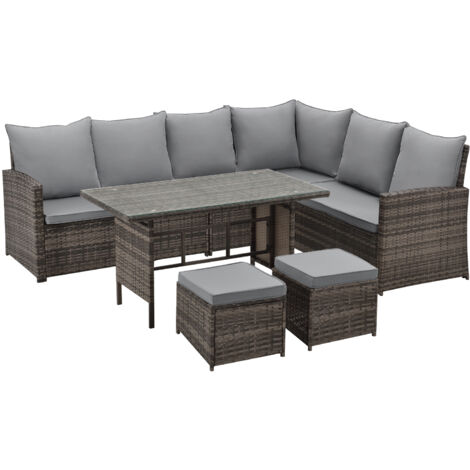 Svita – Ensemble de salon de jardin en polyrattan 6 places – Table 120x66cm avec plateau en verre – Coussins en polyester – Couleur marron (1/5)