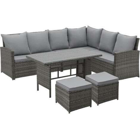 Svita – Ensemble de salon de jardin 6 places en polyrattan gris – Canapé d'angle et table 120x66cm – Coussins amovibles et lavables