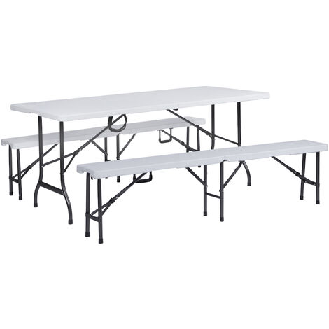 Table Et Bancs De Camping Pliables VOUNOT 180 Cm - HDPE Blanc - Ensemble 3 Pièces