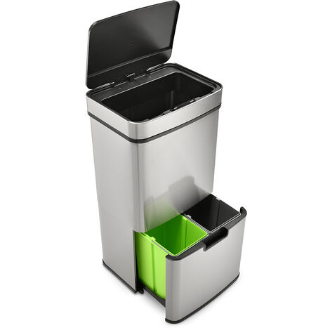 COSTWAY Poubelle Cuisine Automatique 72L En Acier Inox Avec Réservoir Scellée 3,5L, Poubelle Tri Selectif 2 X 11L Seaux Amovibles, Cerclage, Anti- Empreintes, Anti-pinçage, Interrupteur