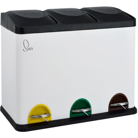 Svita – Poubelle tri sélectif 45L – 3 compartiments avec couvercles séparés – Acier inoxydable – Ouverture à pédale – Dimensions 60 x 33 x 48 cm - TC3X15