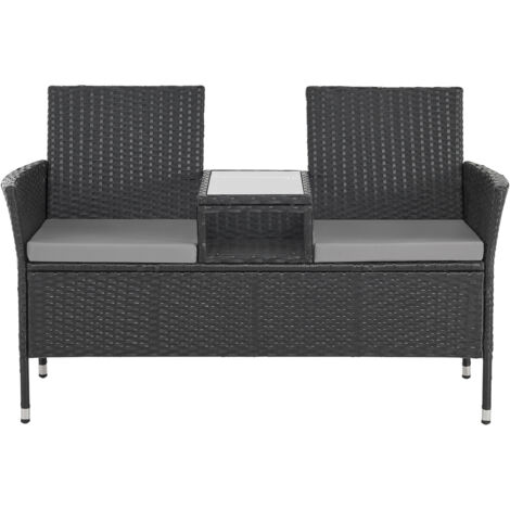Svita – Banc de jardin en poly rotin noir avec table intégrée – 2 places – Assise rembourrée 5 cm – Plateau en verre trempé – Pieds réglables