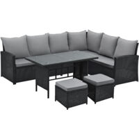 Svita – Ensemble de salon de jardin en polyrattan noir – 6 places – Dimensions 230x180x82 cm – Table avec plateau en verre 5mm – Coussins amovibles
