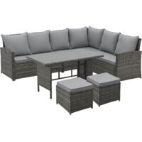 Svita – Ensemble de salon de jardin en polyrattan gris – 6 places – Dimensions 230x180x82 cm – Table avec plateau en verre 5mm – Coussins amovibles