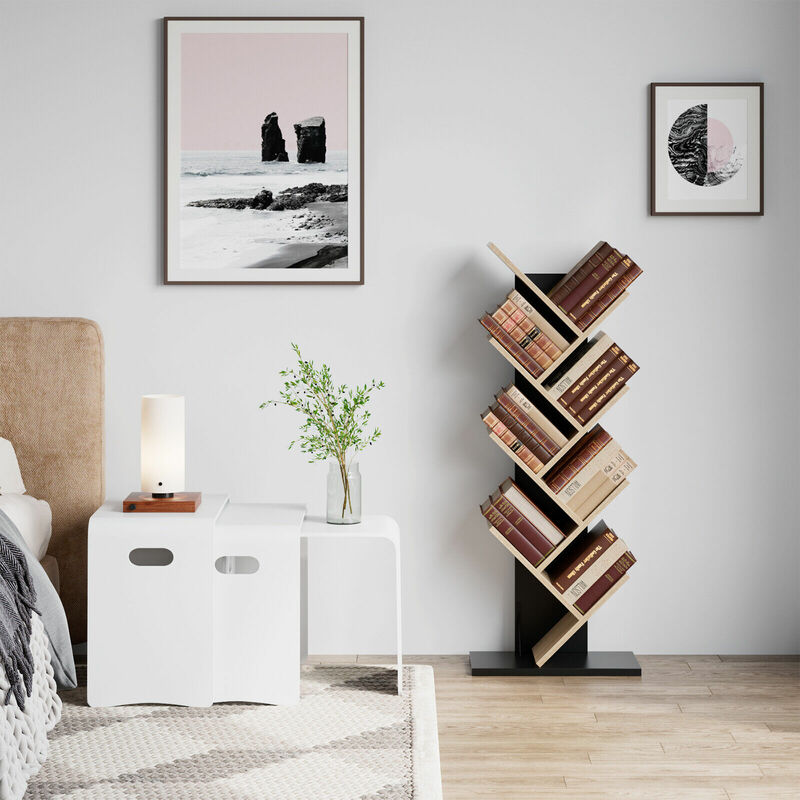 Wood Bookshelf Tree Storage Shelf Floor Standing Bookcase Organizer for Living Room Color : Black Walnut ZR 