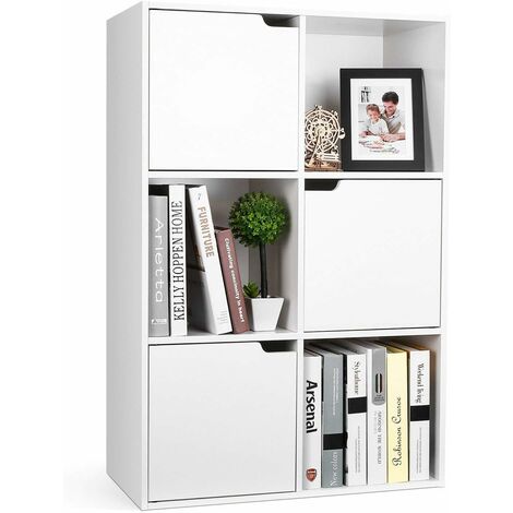 Bookcase White Storage Cabinet 6 Cubes Wooden Displaying Unit Living Room Bookshelf with 3 Doors 60x29x90cm