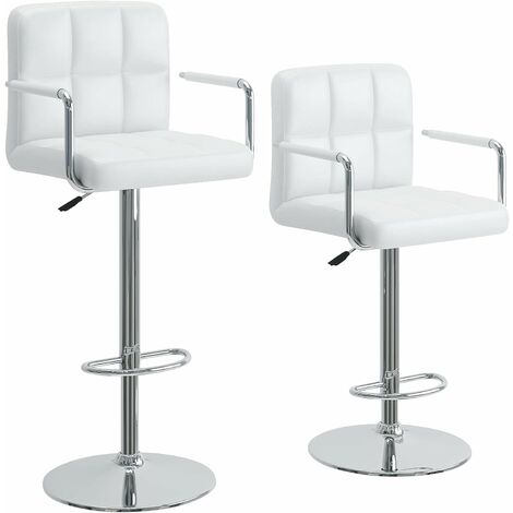 Bar Stools Set of 2 Barstools Set Kitchen Breakfast Chairs with Backrest Armrests Footrest Faux Leather Stools Swivel Gas Lift Adjustable Height Chair White