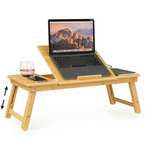 Bamboo Notebook Table Dorm Desk Bed Desk Serving Tray Breakfast Table Coffee Tea Table Standing Desk for Bed and Sofa Folding Laptop Desk Bamboo Laptop Stand with 5 Tilting Top Angles & Drawer 