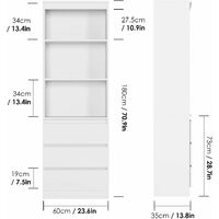 Tall Bookshelf File Storage Cabinet with 3 Drawers Storage Unit Book Shelves Display Cupboard Narrow Freestanding Bookcases for Bedroom Living Room 60x35x180cm White