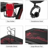 Gaming Table Computer Desk Ergonomic PC Table with Cable Management, Cup Holder, Headphone Hook and Mouse Pad Black 110x55x75cm