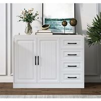 Sideboard Wooden, Storage Cabinet with Doors and 4 Drawers, White Floor Cupboard for Bedroom, Kitchen, Living Room