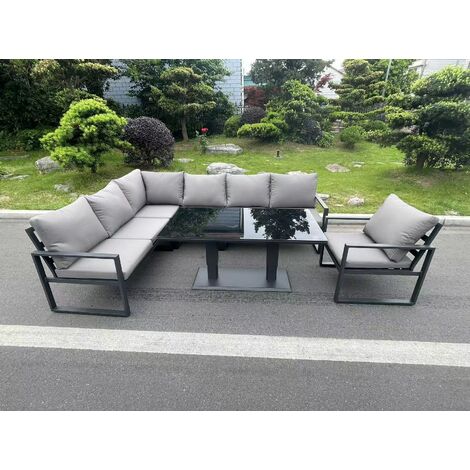 Fimous Aluminum Outdoor Garden Furniture Corner Sofa Chair Adjustable Rising Lifting Dining Table Sets Dark Grey Black Tempered Glass 7 Seater (1/5)