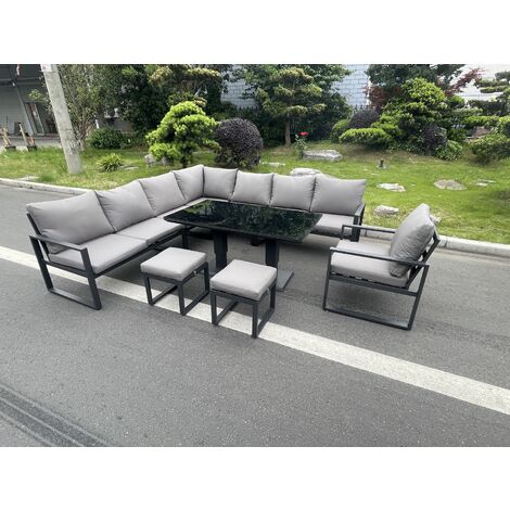 Fimous Aluminum Outdoor Garden Furniture Corner Sofa Chair 2 PC Stools Adjustable Rising Lifting Dining Table Sets Black Tempered Glass Dark Grey 10 Seater (1/5)