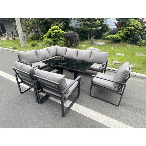 Fimous Aluminum Outdoor Garden Furniture Corner Sofa Chair Adjustable Rising Lifting Dining Table Sets Black Tempered Glass Dark Grey 9 Seater (1/5)