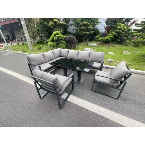 Fimous Aluminum Outdoor Garden Furniture Corner Sofa Chair Adjustable Rising Lifting Dining Table Sets Black Tempered Glass Dark Grey 8 Seater (1/5)